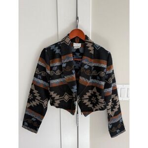 Vtg YOU BABES Geometric Southwest Cropped Jacket Womens Medium Black Orange Blue